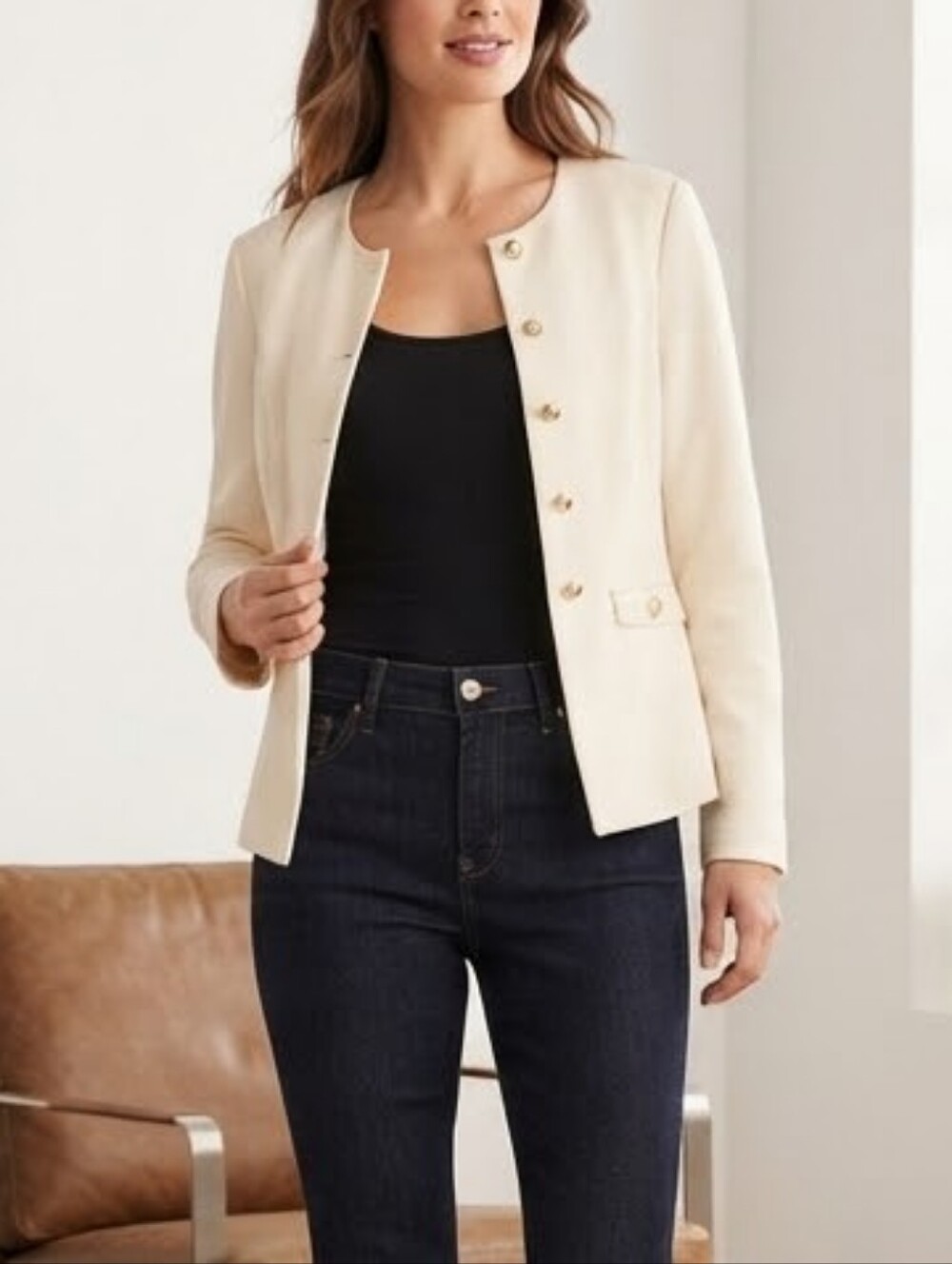 PRETTYGARDEN Cream Blazer Jacket Gold Rhinestone Buttons Small
